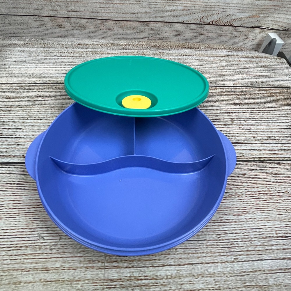Tupperware CrystalWave Divided Microwave Dish Blue Teal Vented Lid 9.5 Meal Prep
